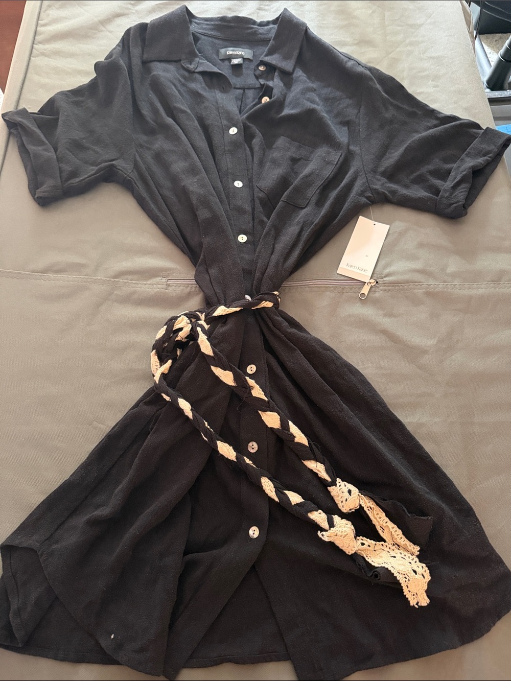 Karen Kane Black Button-Front Shirt Dress with Braided Contrast Belt